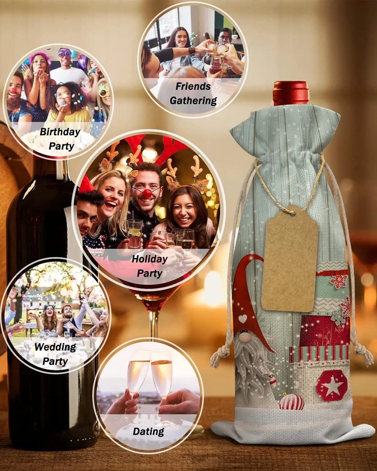 Wine Gift Bag Washable Wine Bags for Wine Bottles Gifts Christmas Winter Xmas Gnome with Holiday Gifts Retro Wooden Planks Wine Travel Bag Burlap Wine Bags with Drawstrings Tabs, 10PCS, 6.3x17.3 Inch