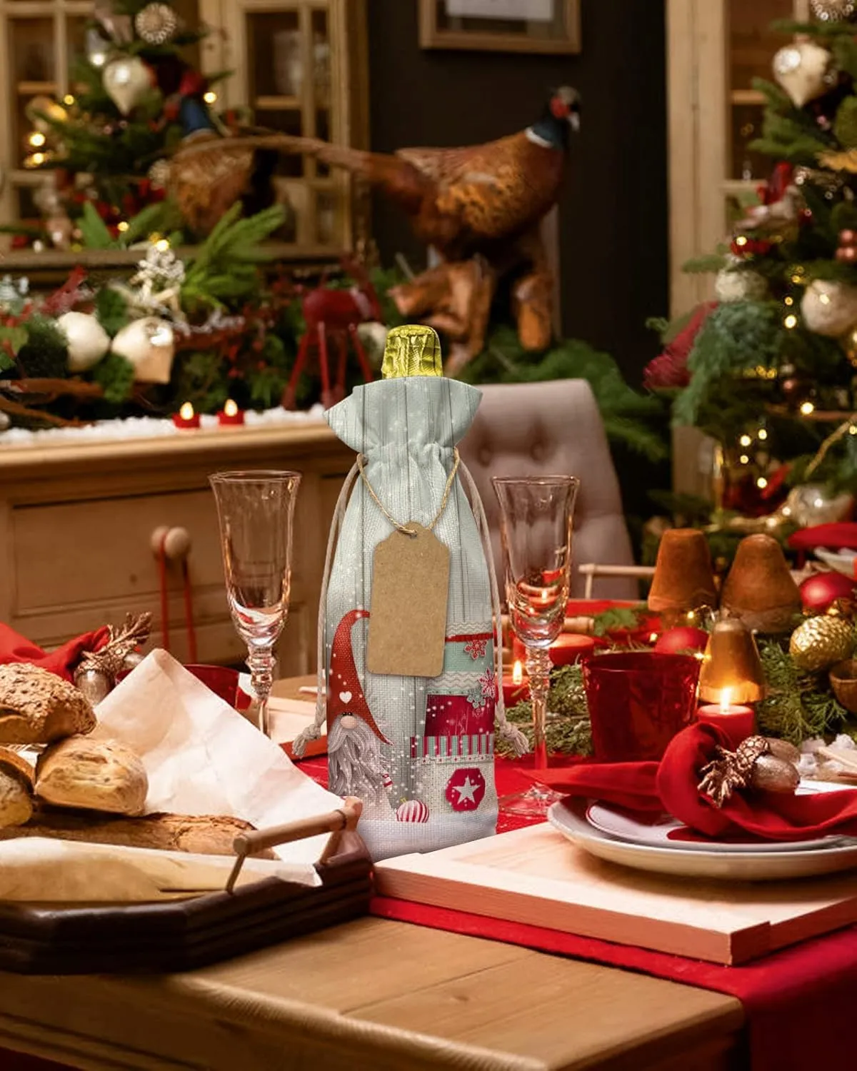 Wine Gift Bag Washable Wine Bags for Wine Bottles Gifts Christmas Winter Xmas Gnome with Holiday Gifts Retro Wooden Planks Wine Travel Bag Burlap Wine Bags with Drawstrings Tabs, 10PCS, 6.3x17.3 Inch