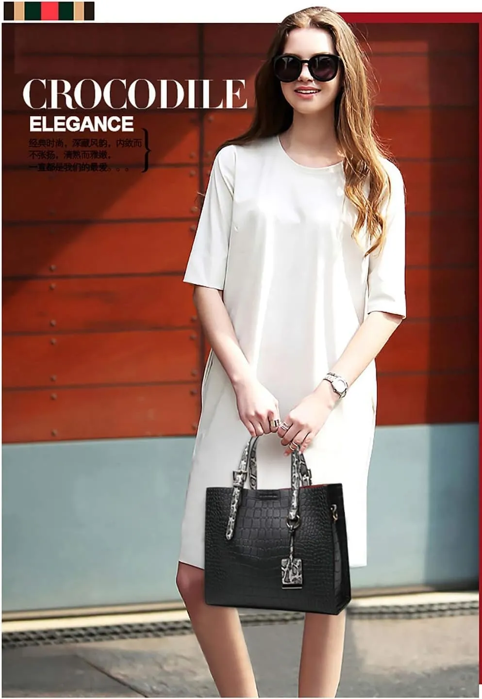 Women Fashion Crocodile Pattern Handbag Snakeskin Top Handle Tote Purse Shoulder Crossbody Bag