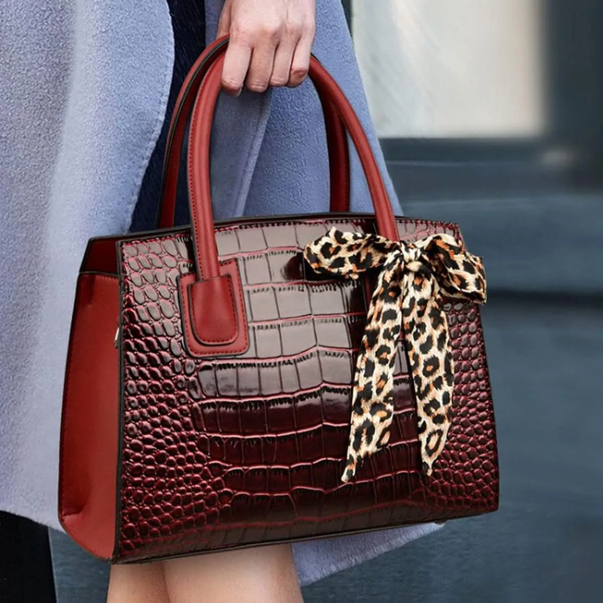 Women Fashion Handbag Crocodile Pattern Purse Shoulder Bag Bowknot Satchel Top-Handle Bag Tote for Work,Travel,Party