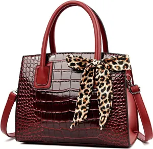 Women Fashion Handbag Crocodile Pattern Purse Shoulder Bag Bowknot Satchel Top-Handle Bag Tote for Work,Travel,Party