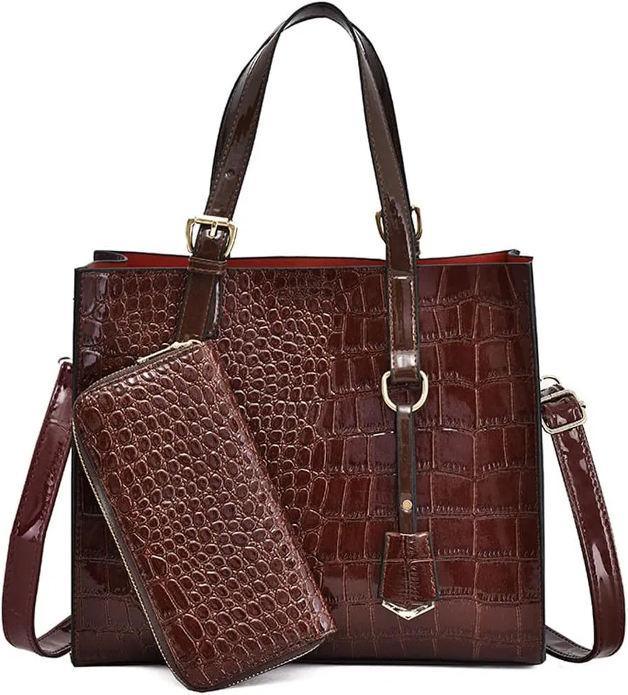 Women Handbags and Wallet 2Pcs Set Glossy Crocodile Pattern Leather Purses Satchel Handbag Tote Bags Shoulder Clutch