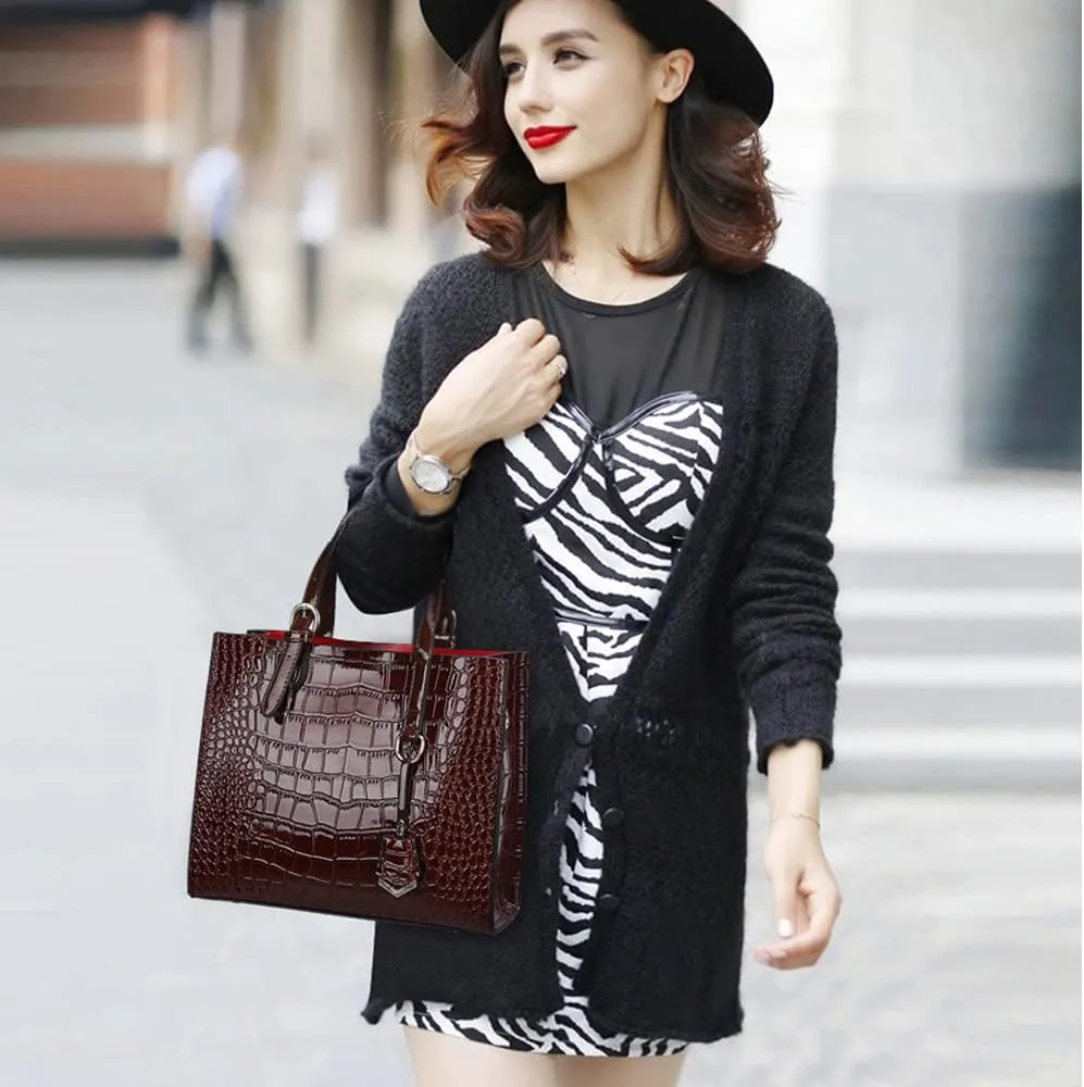 Women Handbags and Wallet 2Pcs Set Glossy Crocodile Pattern Leather Purses Satchel Handbag Tote Bags Shoulder Clutch