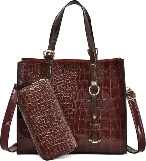 Women Handbags and Wallet 2Pcs Set Glossy Crocodile Pattern Leather Purses Satchel Handbag Tote Bags Shoulder Clutch