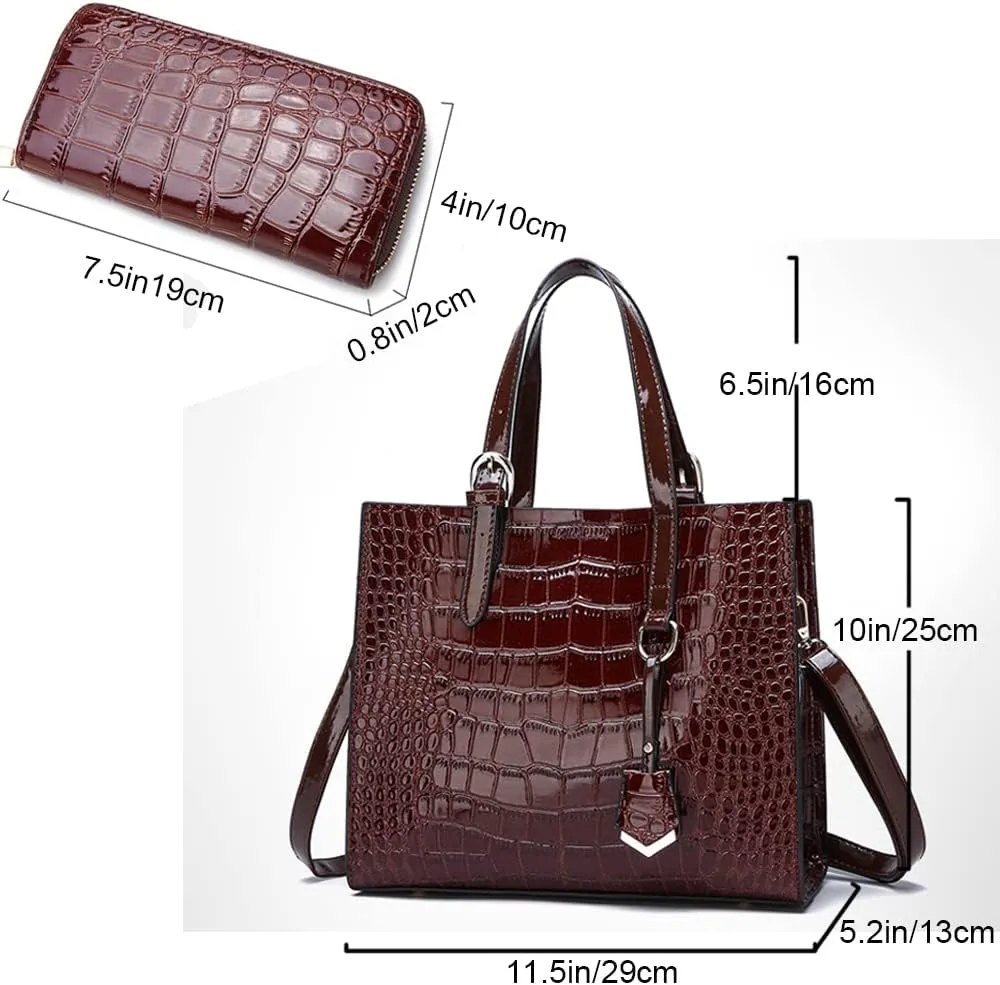 Women Handbags and Wallet 2Pcs Set Glossy Crocodile Pattern Leather Purses Satchel Handbag Tote Bags Shoulder Clutch