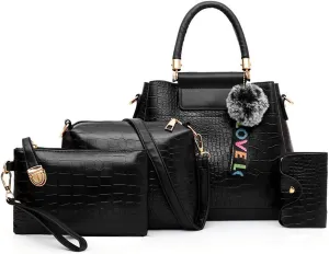 Women Handbags PU Alligator Leather Top Handle Messenger Bag Wallet Card Hold 4 Pcs Set