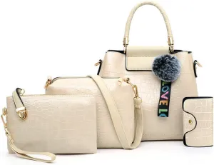 Women Handbags PU Alligator Leather Top Handle Messenger Bag Wallet Card Hold 4 Pcs Set