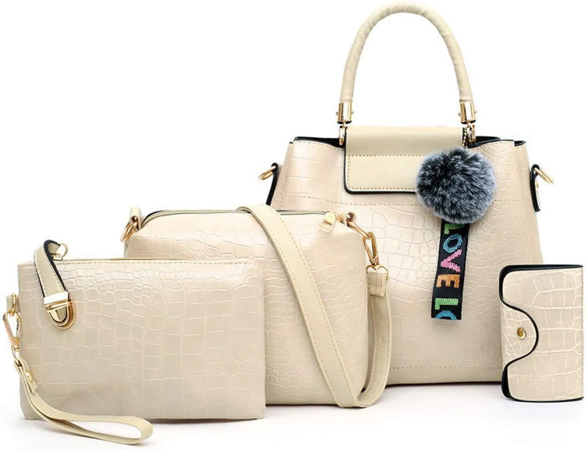 Women Handbags PU Alligator Leather Top Handle Messenger Bag Wallet Card Hold 4 Pcs Set