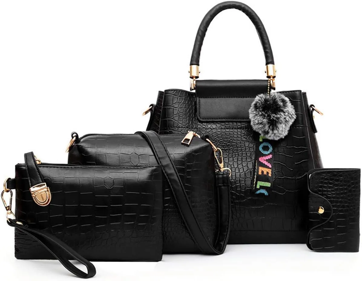 Women Handbags PU Alligator Leather Top Handle Messenger Bag Wallet Card Hold 4 Pcs Set