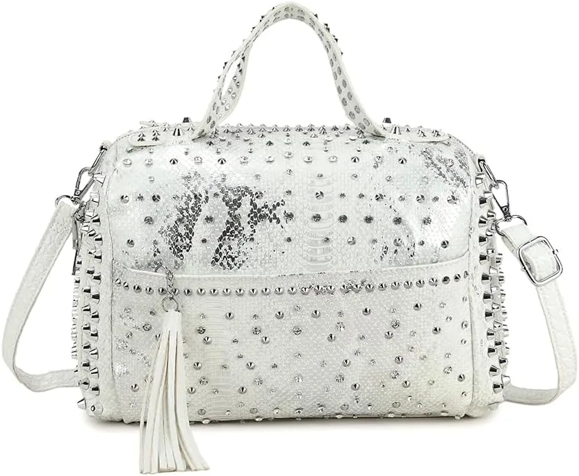 Women Rivet Top-handle Satchel PU Tote Purse Snake Pattern Shoulder Bags Handbag