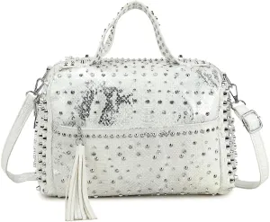 Women Rivet Top-handle Satchel PU Tote Purse Snake Pattern Shoulder Bags Handbag