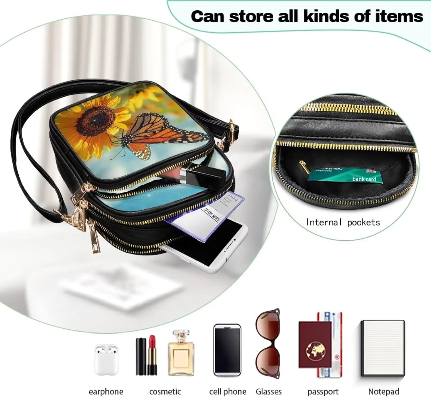 Women Small Crossbody Bags PU Leather Handbags, Animals Print Travel Wallet Zipper Phone Pouch Adjustable Strap