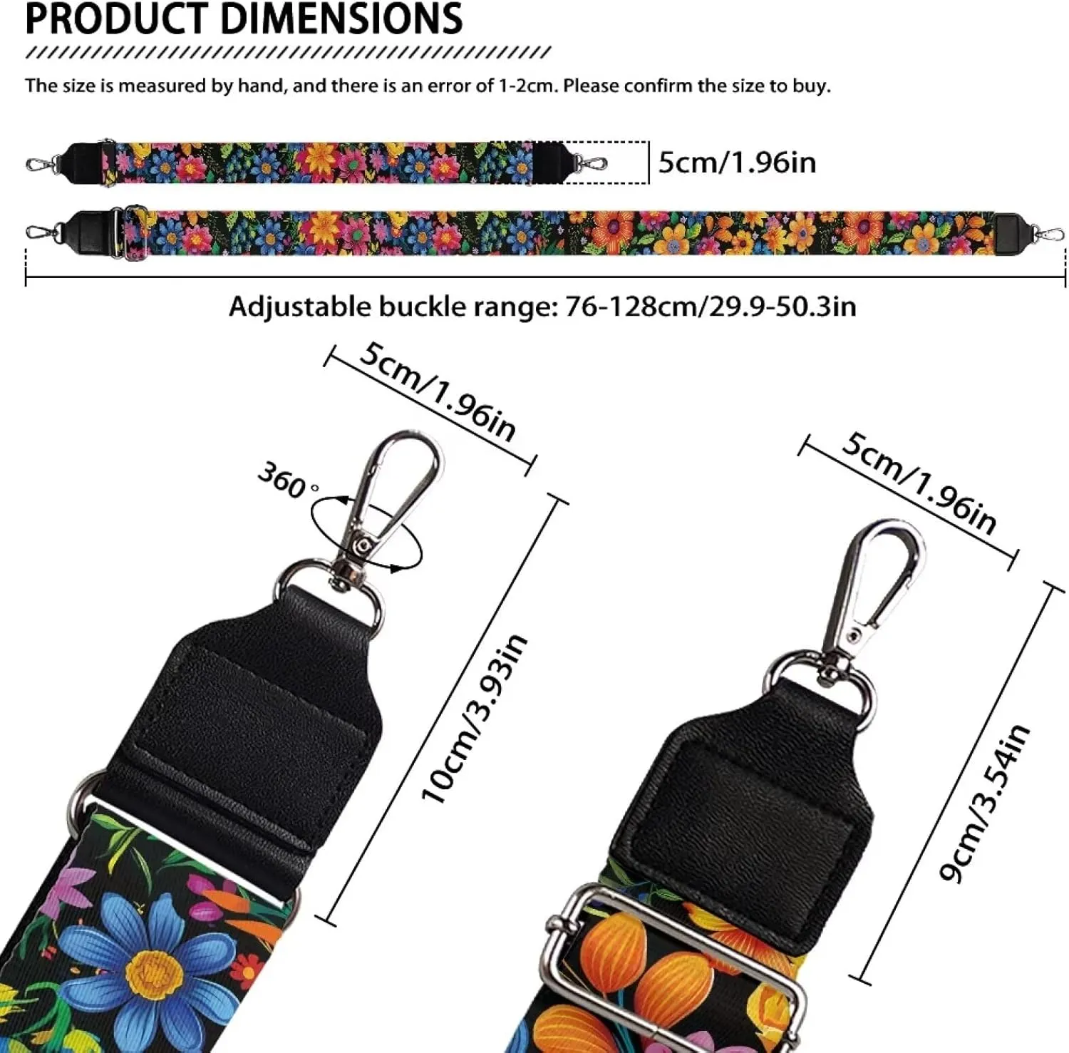 Women's Bag Strap, Adjustable Replacement Straps Cross Body Bag Purse, Colorful Flower Handbags Tote Bags Straps