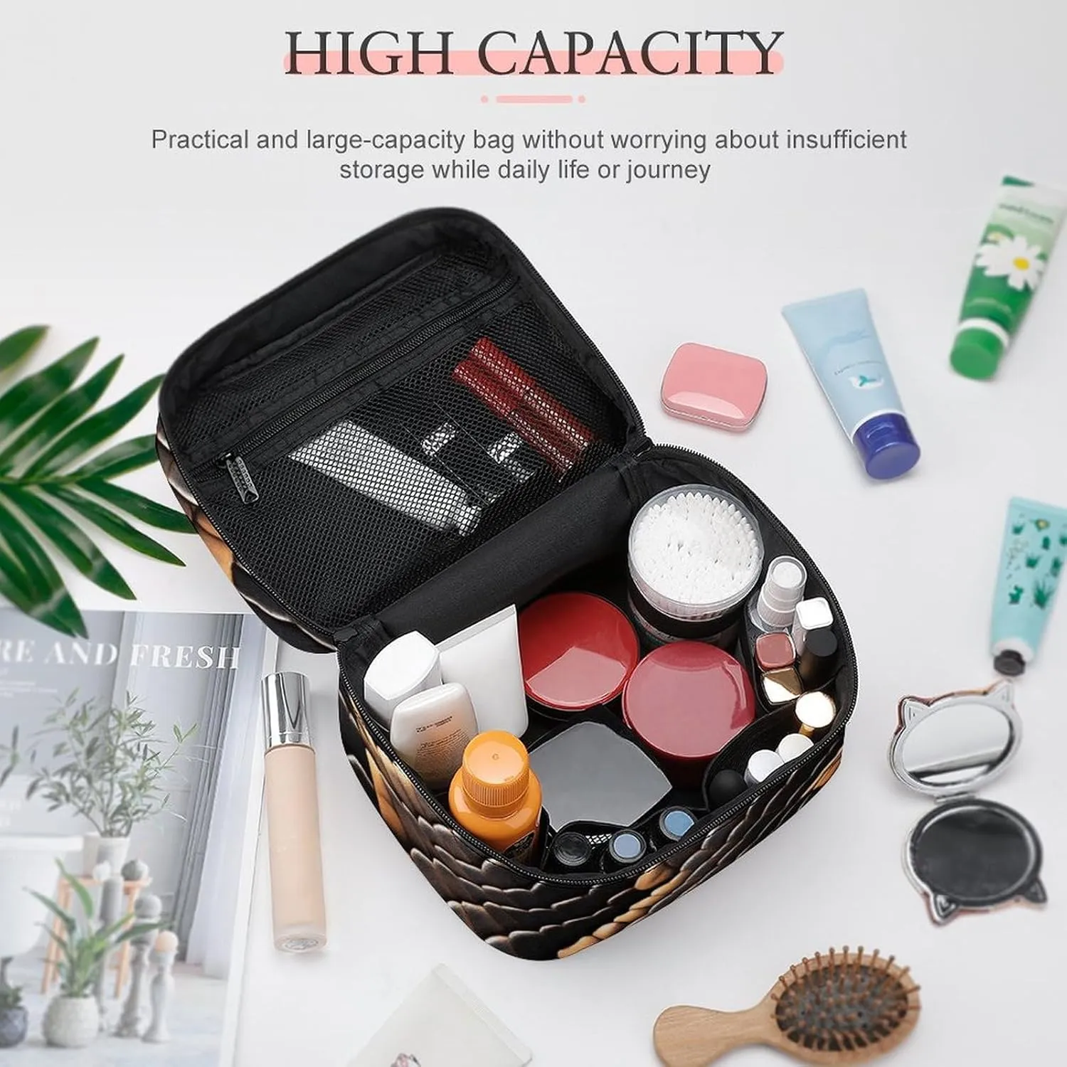 Women's Large Makeup Bag, Portable Cosmetic Brush Bags Cool Snake Skin Brown Makeup Organizer Case Travel Toiletry Accessories