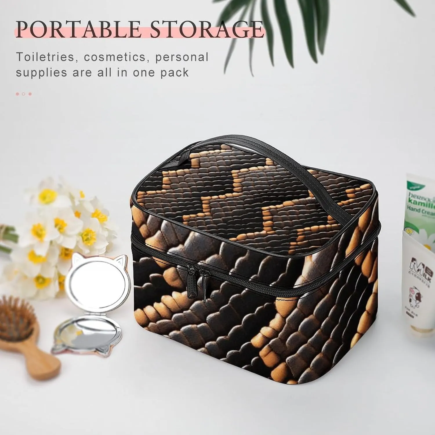 Women's Large Makeup Bag, Portable Cosmetic Brush Bags Cool Snake Skin Brown Makeup Organizer Case Travel Toiletry Accessories