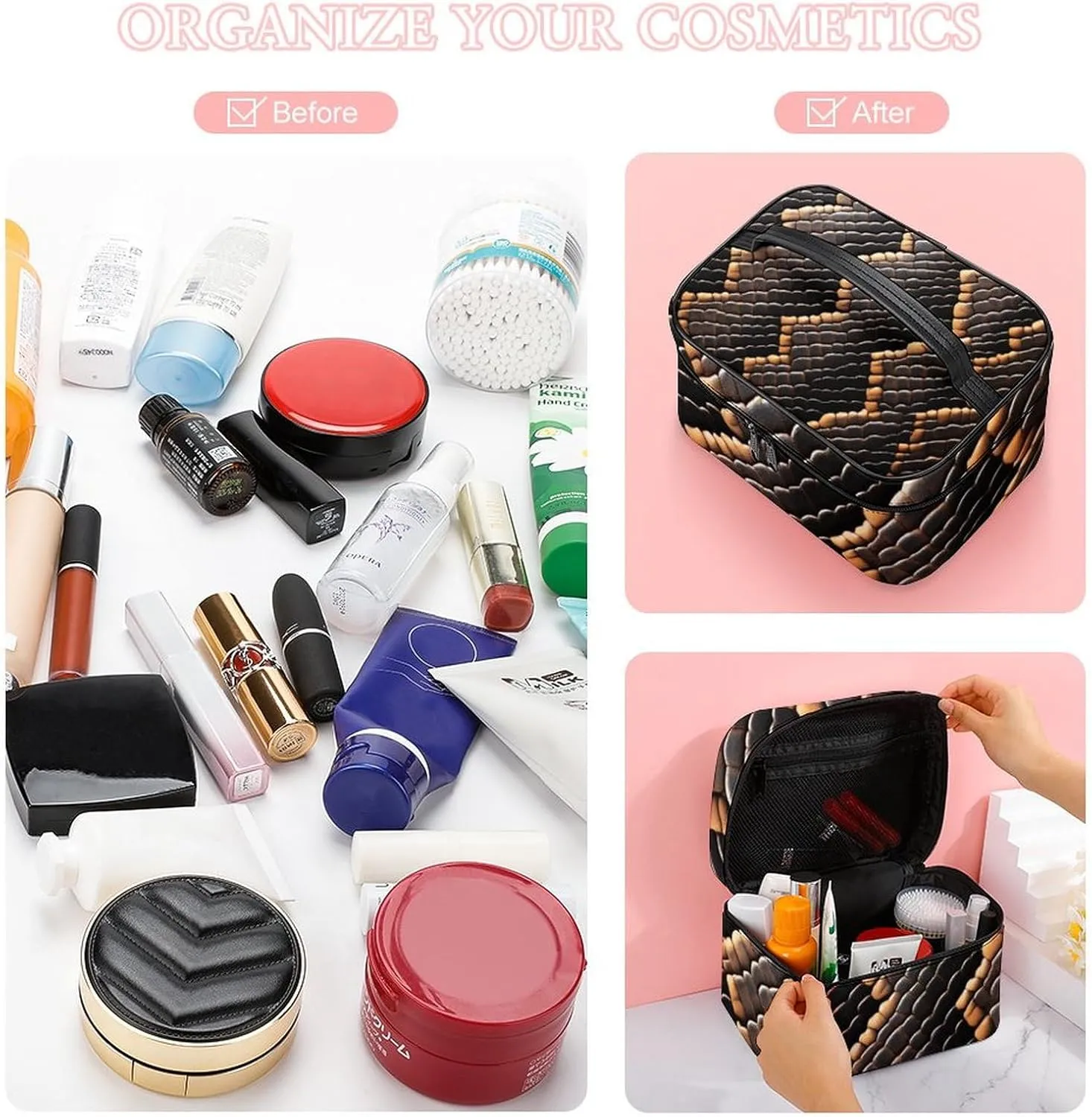 Women's Large Makeup Bag, Portable Cosmetic Brush Bags Cool Snake Skin Brown Makeup Organizer Case Travel Toiletry Accessories
