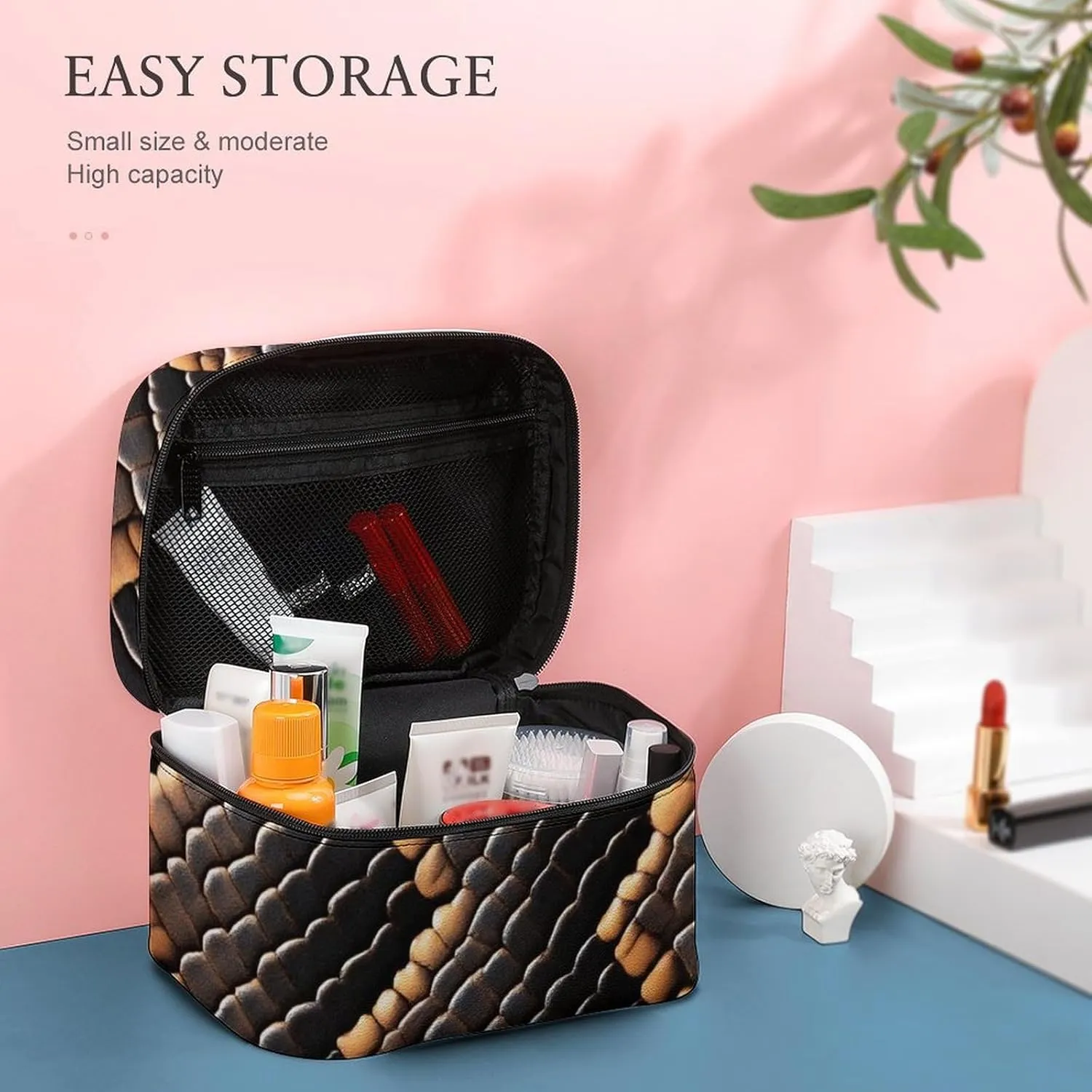 Women's Large Makeup Bag, Portable Cosmetic Brush Bags Cool Snake Skin Brown Makeup Organizer Case Travel Toiletry Accessories