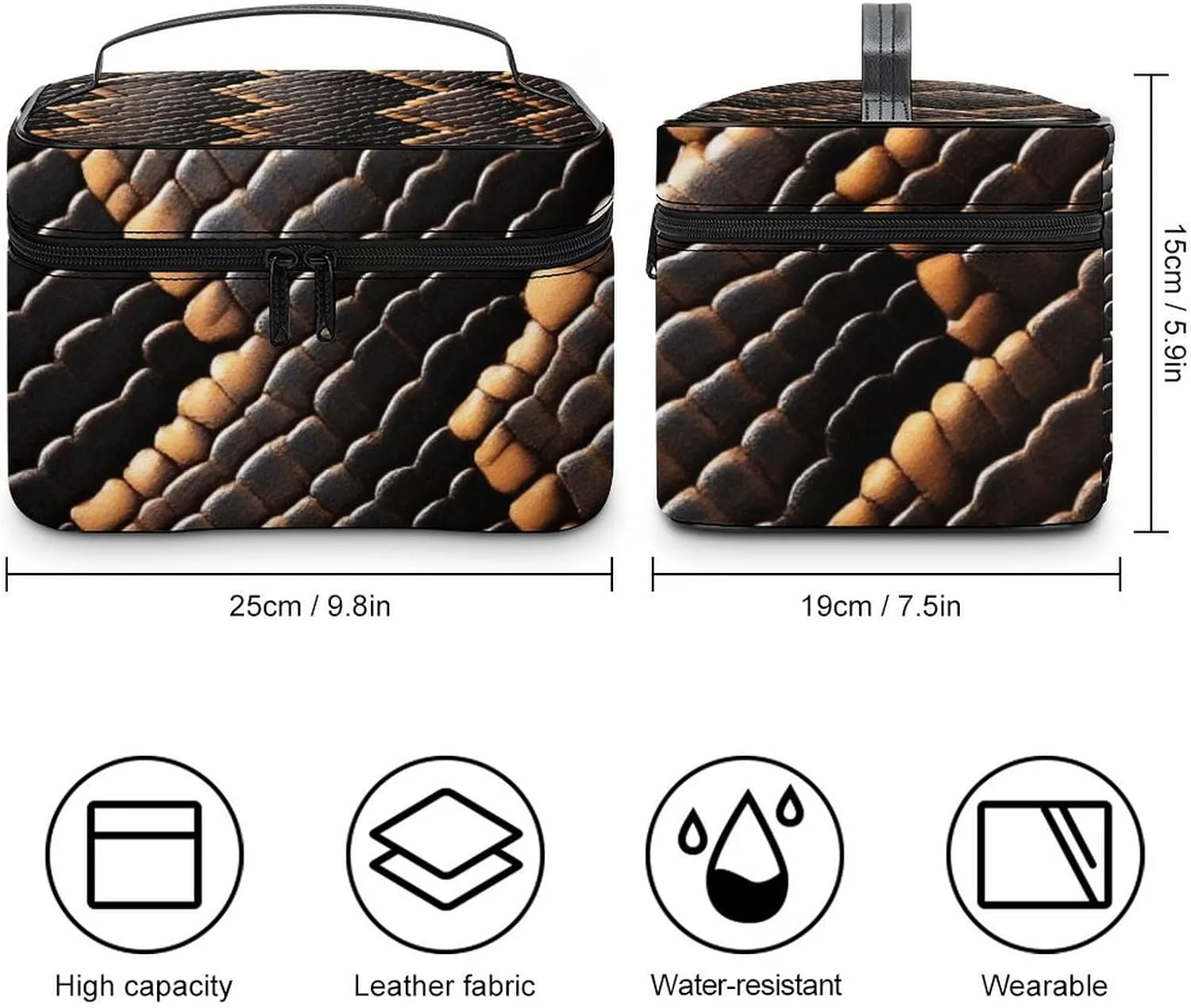 Women's Large Makeup Bag, Portable Cosmetic Brush Bags Cool Snake Skin Brown Makeup Organizer Case Travel Toiletry Accessories