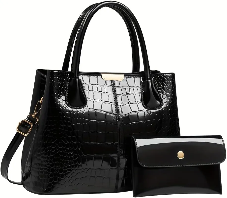 Women's PU Crocodile Print Tote Bag with Detachable Wallet Set, Satchel Bags for Women, Large Handbag Crossbody Purse for Work Travel Shopping