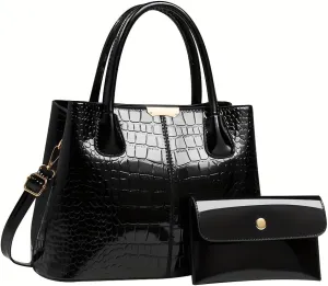 Women's PU Crocodile Print Tote Bag with Detachable Wallet Set, Satchel Bags for Women, Large Handbag Crossbody Purse for Work Travel Shopping