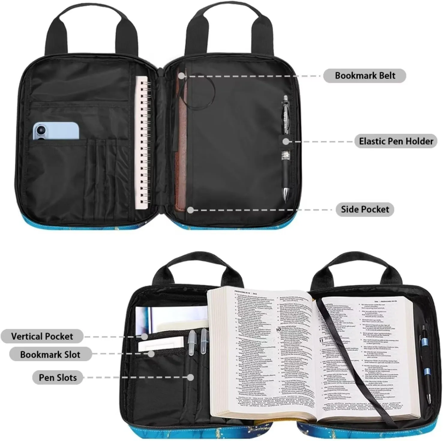 Xoenoiee Blue Marble Print Tote Bible Bag Bible Case for Women Bible Covers for Men Bible Bags Bible Carrying Case with Handle and Zipper Pocket
