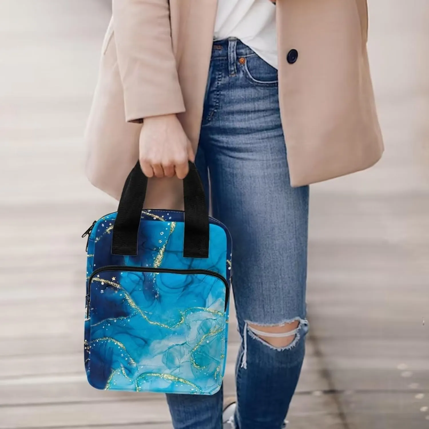 Xoenoiee Blue Marble Print Tote Bible Bag Bible Case for Women Bible Covers for Men Bible Bags Bible Carrying Case with Handle and Zipper Pocket