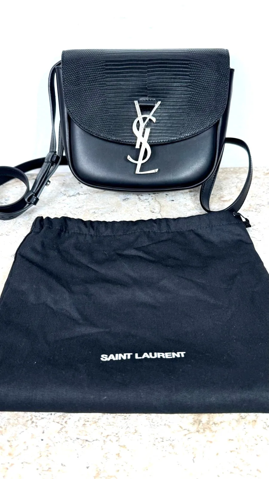 YSL CALFSKIN LEATHER SNAKE EMBOSSED SMALL MONOGRAM KAIA CROSSBODY