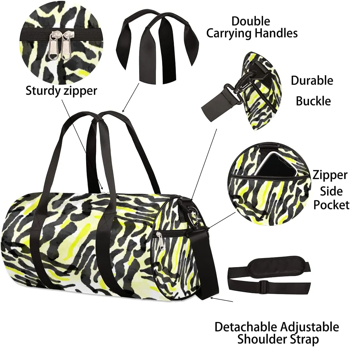 Zebra Print Yellow Black Gym Bag Small Gym Duffel Bags for Men Women Overnight Weekender Bags Lightweight Sport Duffle Bag Carry On Gymbag