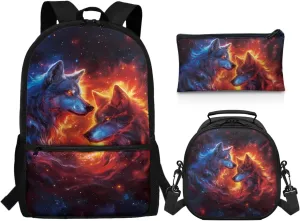 ZFRXIGN Boys Wolf Backpack 10-12 Years Old Bookbag with Lunch Bag Set Crossbody Bags Schoolbag Pencil Case Kindergarten Elementary School Bag