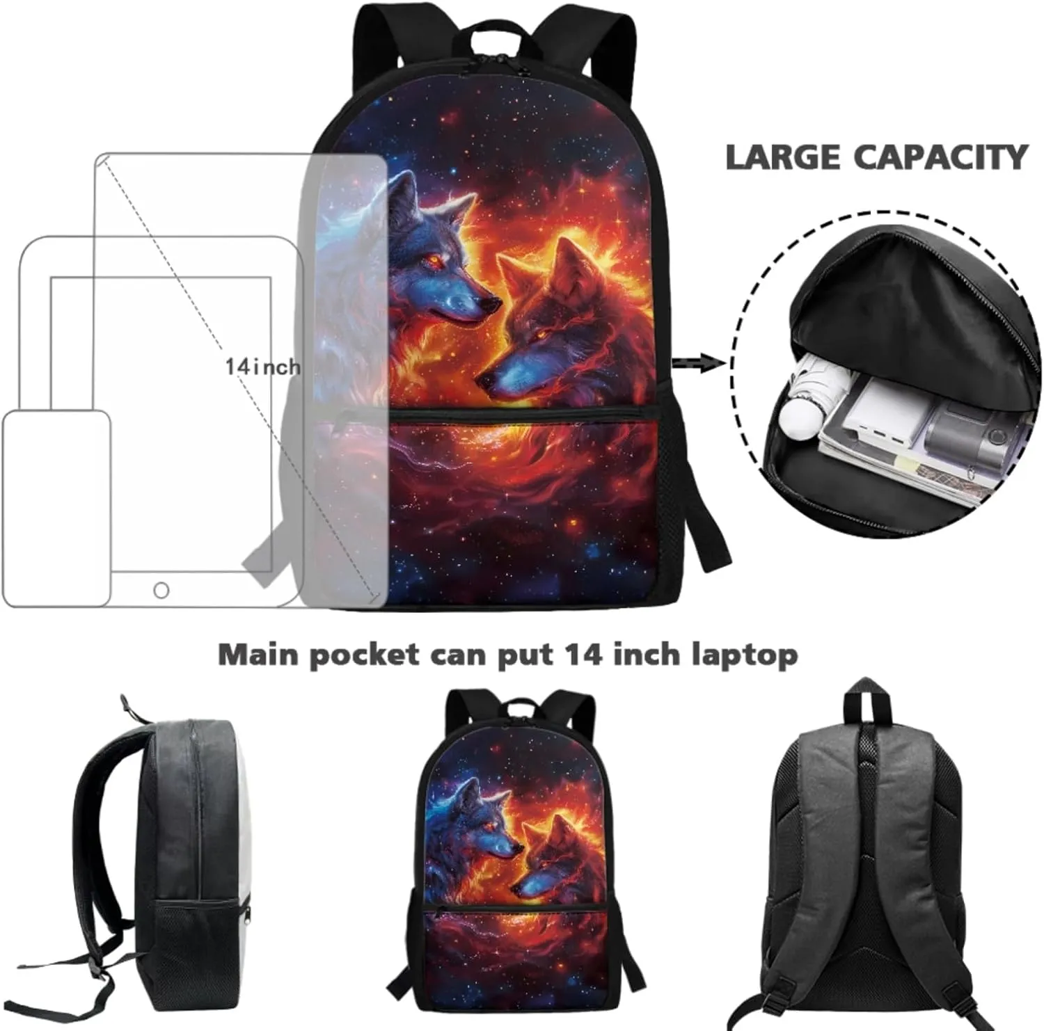 ZFRXIGN Boys Wolf Backpack 10-12 Years Old Bookbag with Lunch Bag Set Crossbody Bags Schoolbag Pencil Case Kindergarten Elementary School Bag