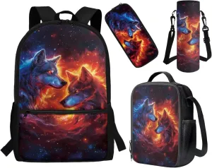 ZFRXIGN Boys Wolf Backpack 10-12 Years Old Bookbag with Lunch Bag Set Crossbody Bags Schoolbag Pencil Case Water Bottle Holder with Strap Kindergarten Elementary School Bag