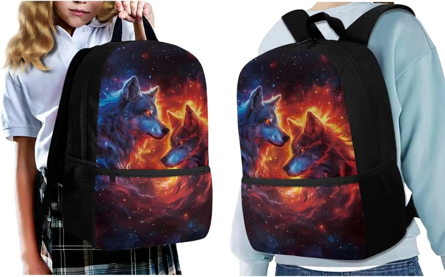 ZFRXIGN Galaxy Wolf Backpack 10-12 Years Old Boys Bookbag with Lunch Bag Set Crossbody Bags Schoolbag Pencil Case Cap Sleeve Kindergarten Elementary School Bag Blue and Red