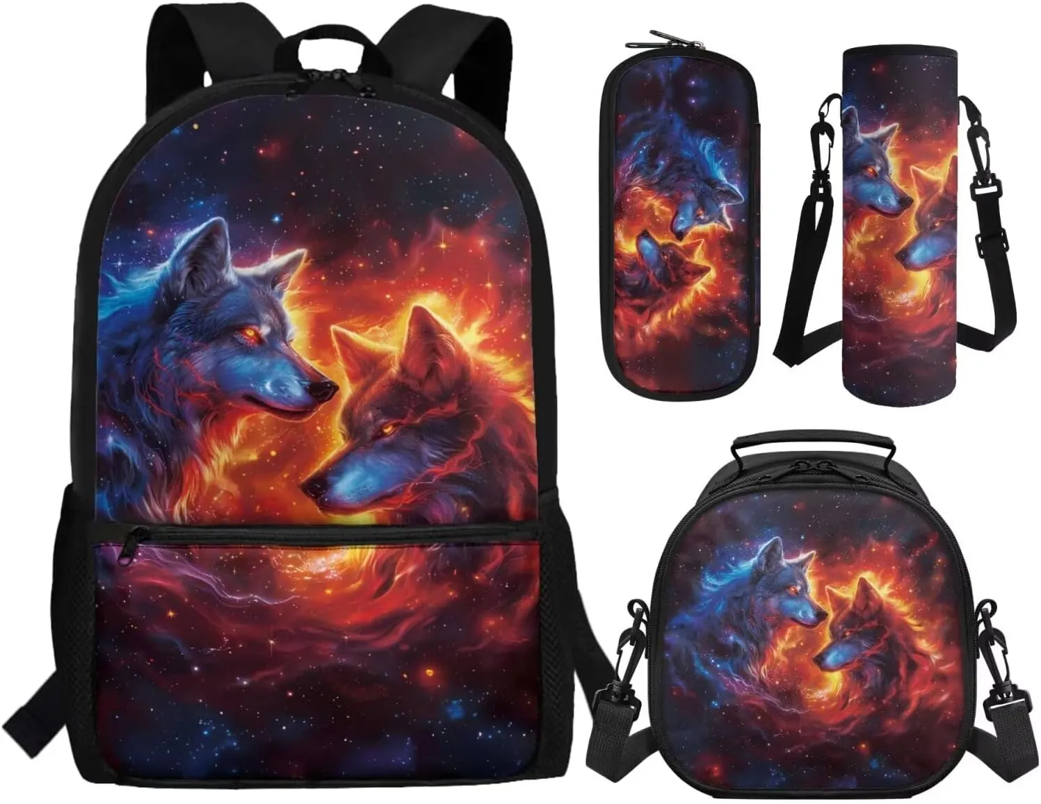 ZFRXIGN Galaxy Wolf Backpack 10-12 Years Old Boys Bookbag with Lunch Bag Set Crossbody Bags Schoolbag Pencil Case Cap Sleeve Kindergarten Elementary School Bag Blue and Red