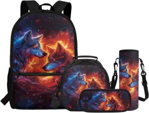 ZFRXIGN Galaxy Wolf Backpack 10-12 Years Old Boys Bookbag with Lunch Bag Set Crossbody Bags Schoolbag Pencil Case Cap Sleeve Kindergarten Elementary School Bag Blue and Red
