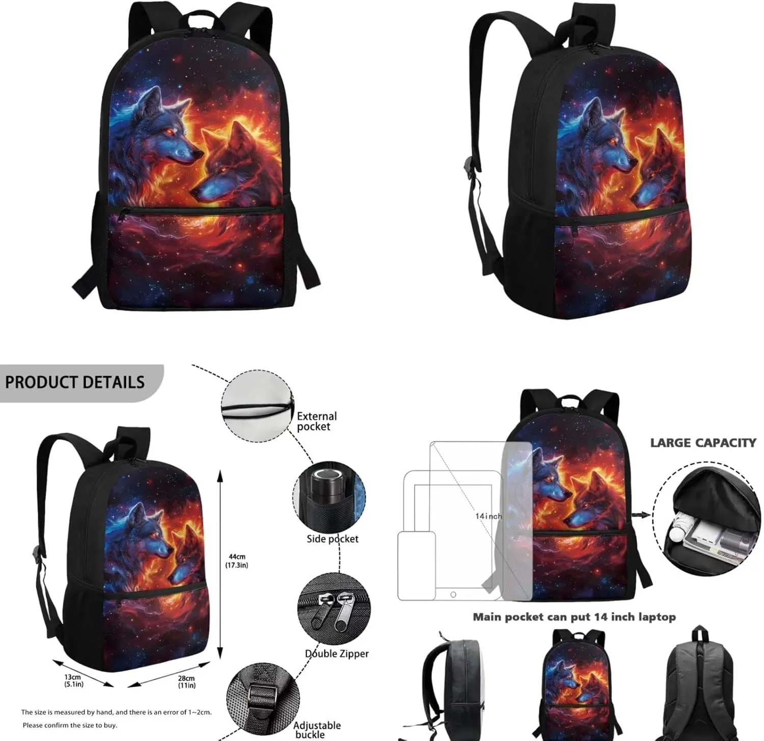 ZFRXIGN Galaxy Wolf Backpack 10-12 Years Old Boys Bookbag with Lunch Bag Set Crossbody Bags Schoolbag Pencil Case Cap Sleeve Kindergarten Elementary School Bag Blue and Red