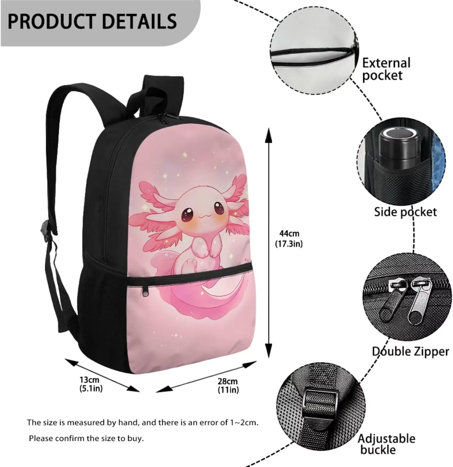 ZFRXIGN Girls Backpack 10-12 Years Old Kawaii Axolotl Bookbag with Lunch Bag Pencil Pouch Water Bottle Cover Crossbody Bags Pink Schoolbag Kindergarten Elementary School Bag