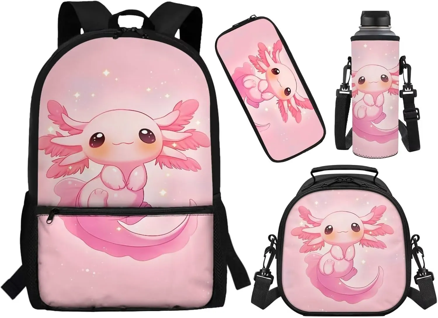 ZFRXIGN Girls Backpack 10-12 Years Old Kawaii Axolotl Bookbag with Lunch Bag Pencil Pouch Water Bottle Cover Crossbody Bags Pink Schoolbag Kindergarten Elementary School Bag