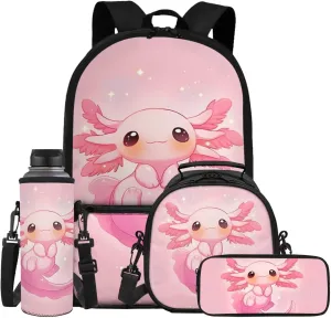 ZFRXIGN Girls Backpack 10-12 Years Old Kawaii Axolotl Bookbag with Lunch Bag Pencil Pouch Water Bottle Cover Crossbody Bags Pink Schoolbag Kindergarten Elementary School Bag