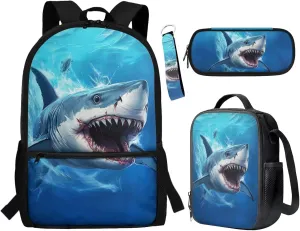 ZFRXIGN Shark Backpack for Boys Back To School Backpacks 17 inch Bookbag with Lunchbox Zipper Pouch Pencil Case Keychain Elementary School Bags 4 pieces Set Blue Ocean Theme