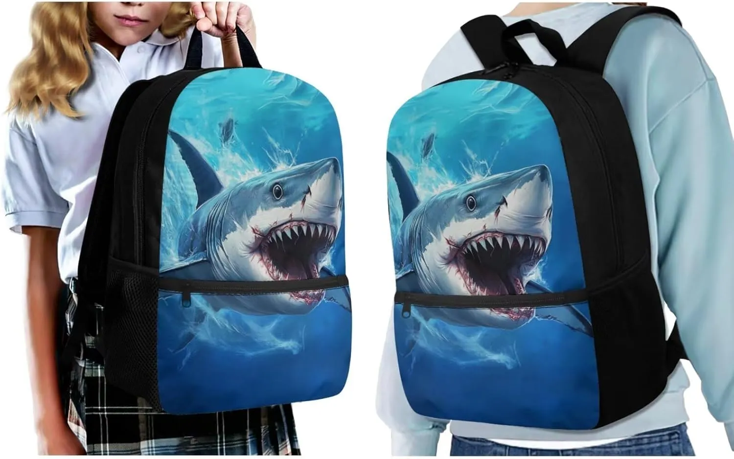 ZFRXIGN Shark Backpack for Boys Back To School Backpacks 17 inch Bookbag with Lunchbox Zipper Pouch Pencil Case Keychain Elementary School Bags 4 pieces Set Blue Ocean Theme