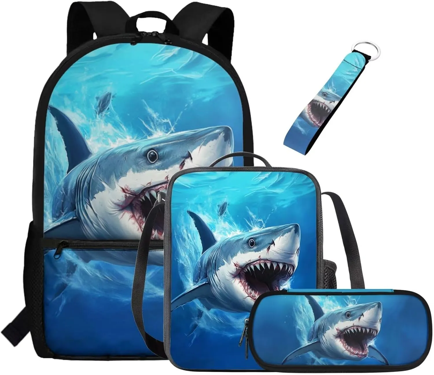 ZFRXIGN Shark Backpack for Boys Back To School Backpacks 17 inch Bookbag with Lunchbox Zipper Pouch Pencil Case Keychain Elementary School Bags 4 pieces Set Blue Ocean Theme