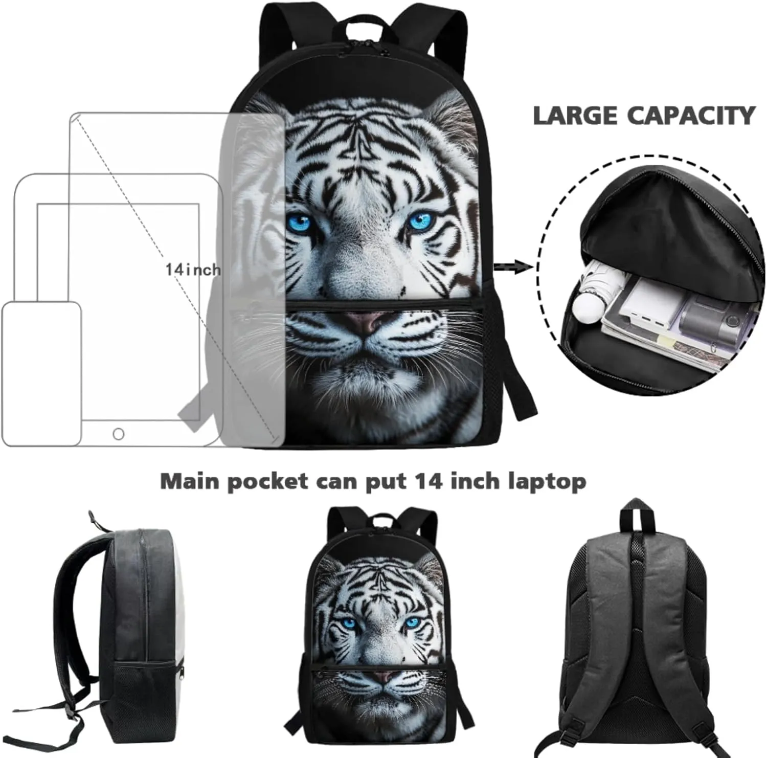 ZFRXIGN White Tiger Backpack for Boys School Backpack with Lunch Bags Pencil Case for Elementary School Middle School Bookbag Zipper Purse Black