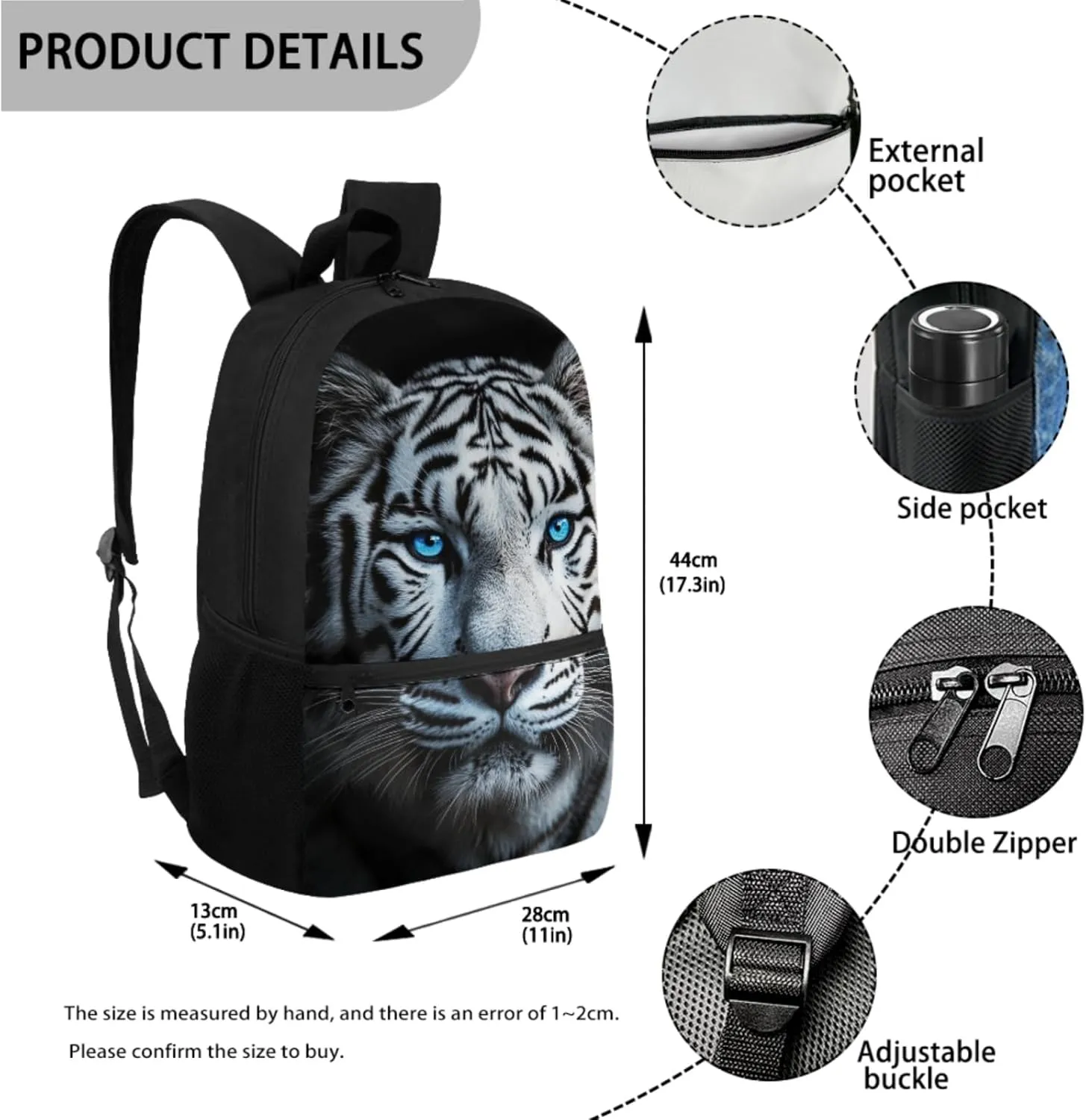 ZFRXIGN White Tiger Backpack for Boys School Backpack with Lunch Bags Pencil Case for Elementary School Middle School Bookbag Zipper Purse Black