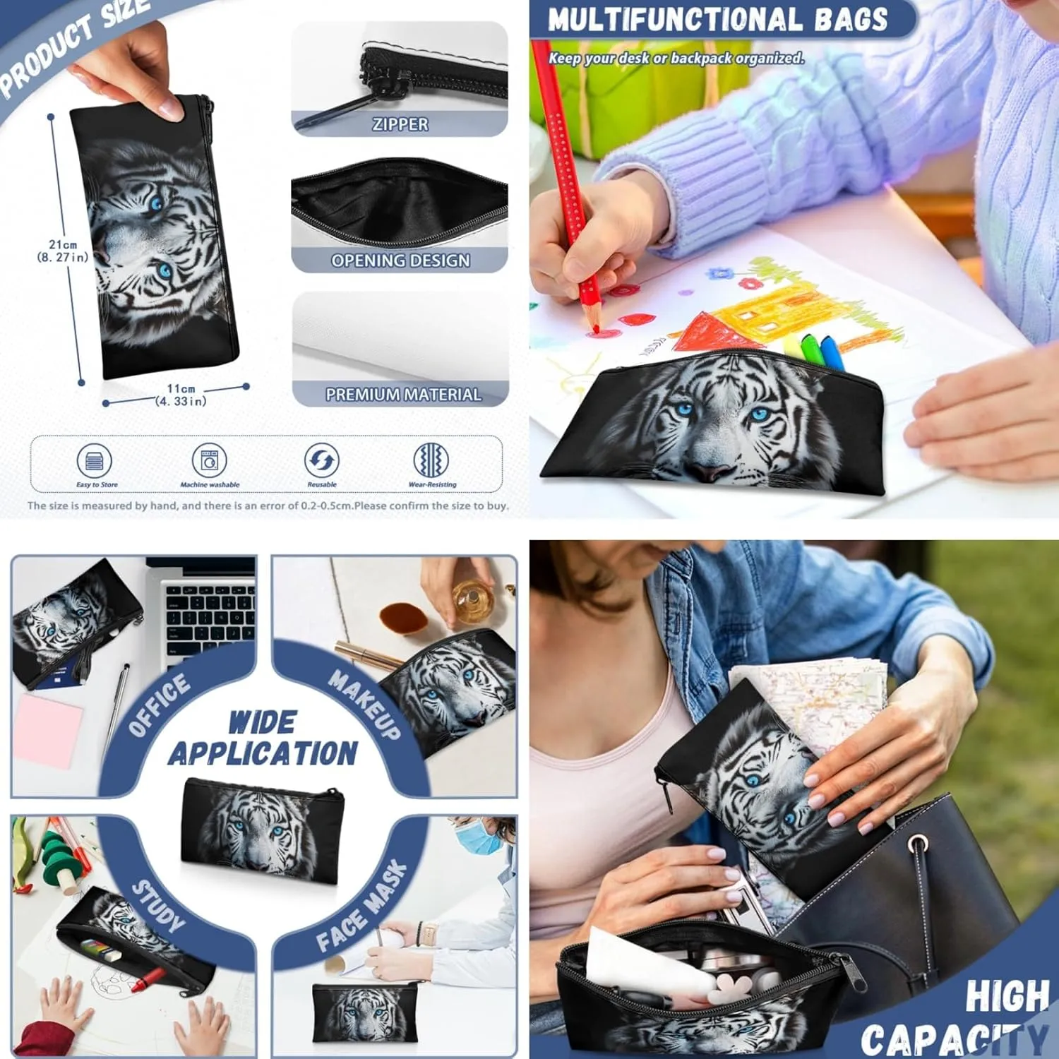 ZFRXIGN White Tiger Backpack for Boys School Backpack with Lunch Bags Pencil Case for Elementary School Middle School Bookbag Zipper Purse Black
