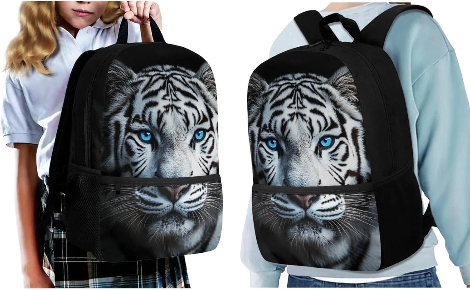 ZFRXIGN White Tiger Backpack for Boys School Backpack with Lunch Bags Pencil Case for Elementary School Middle School Bookbag Zipper Purse Black