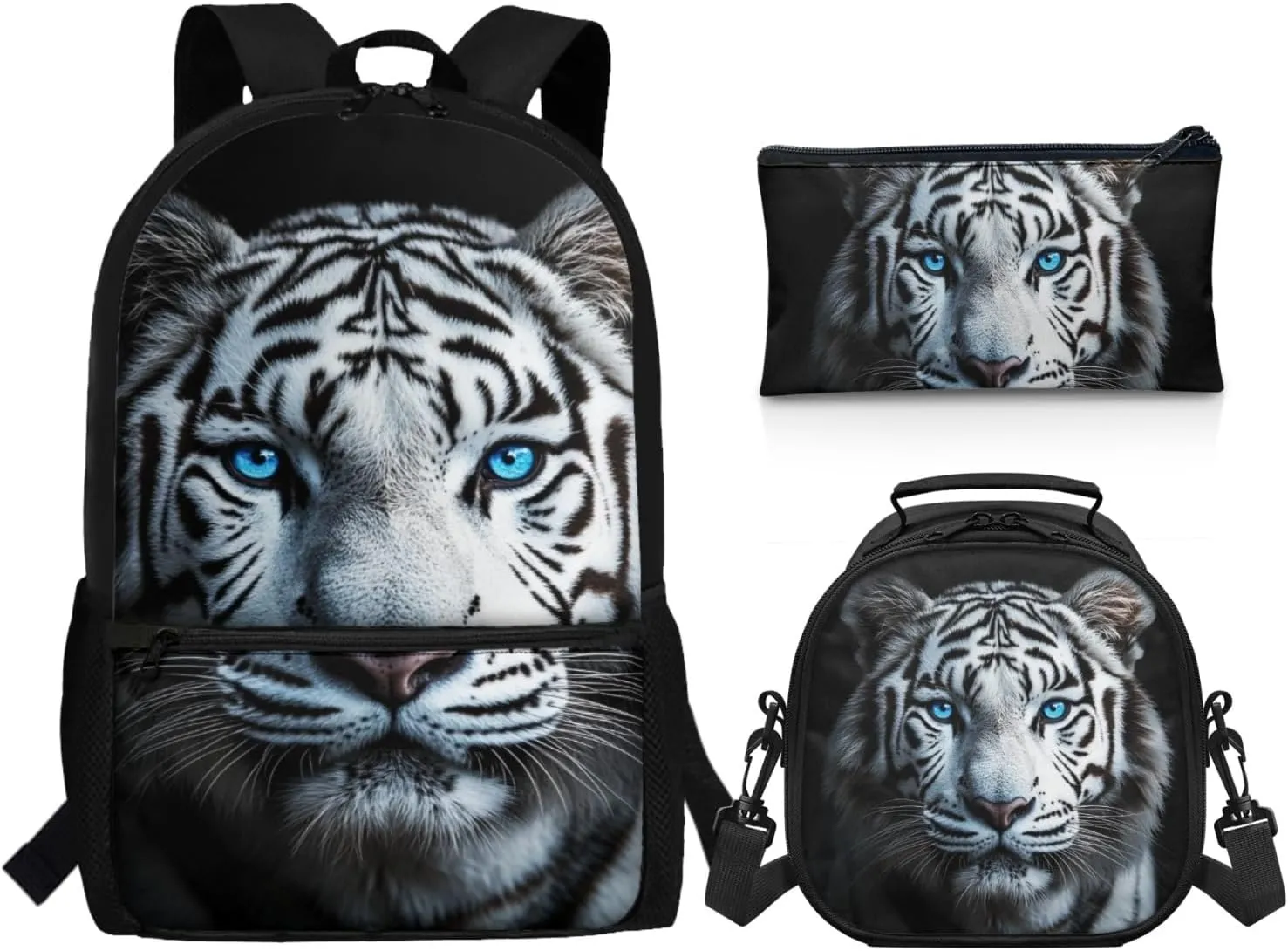 ZFRXIGN White Tiger Backpack for Boys School Backpack with Lunch Bags Pencil Case for Elementary School Middle School Bookbag Zipper Purse Black
