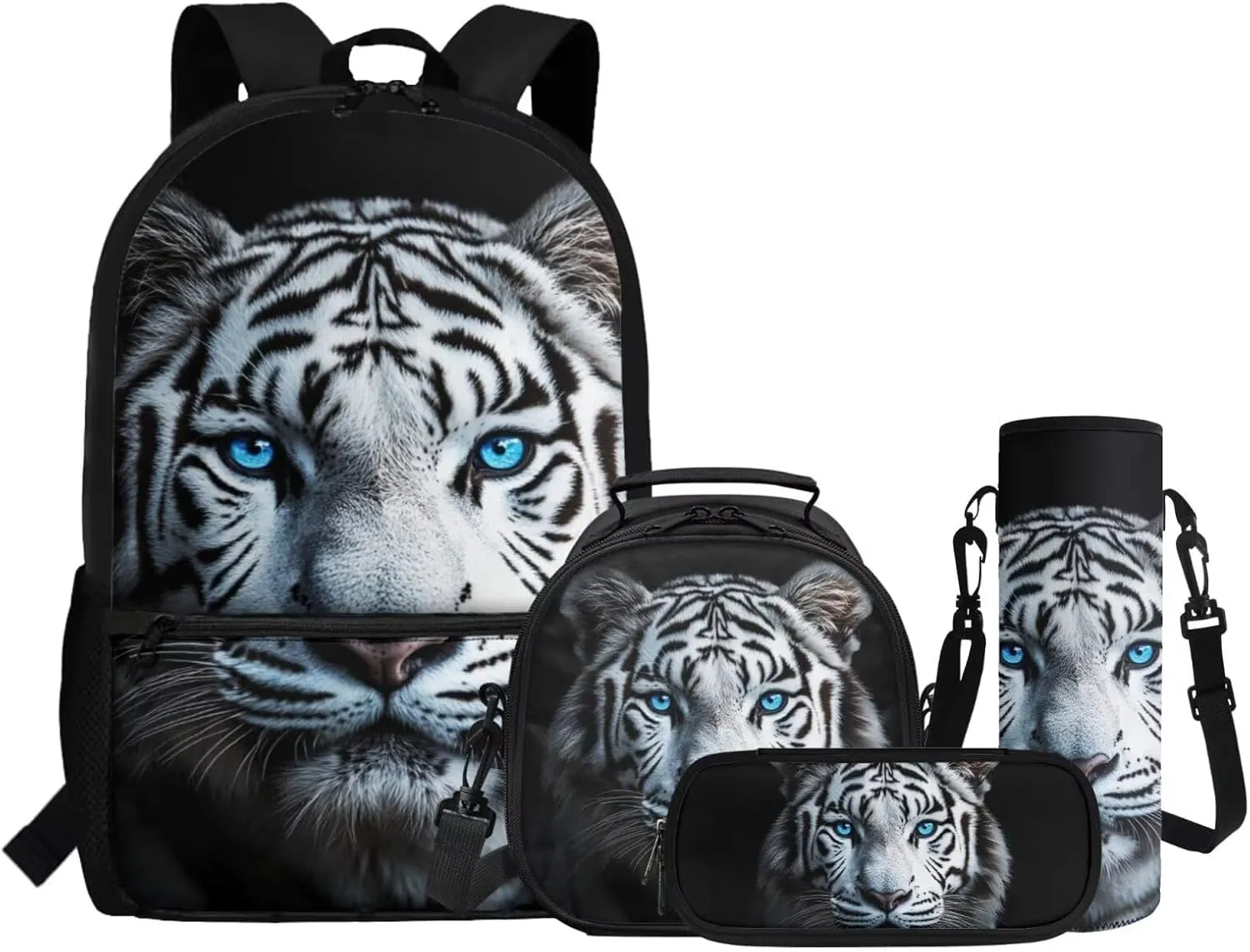 ZFRXIGN White Tiger with Blue Eyes Backpack for Boys School Backpack with Lunch Bags Pencil Case Cap Sleeve for Elementary School Middle School Bookbag Zipper Purse Black