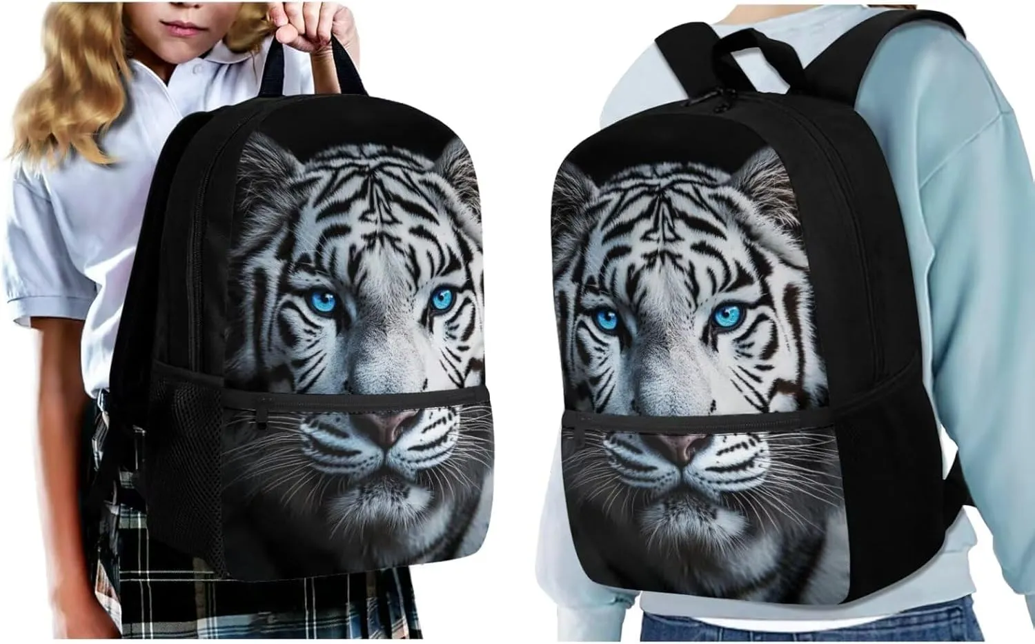ZFRXIGN White Tiger with Blue Eyes Backpack for Boys School Backpack with Lunch Bags Pencil Case Cap Sleeve for Elementary School Middle School Bookbag Zipper Purse Black