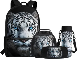 ZFRXIGN White Tiger with Blue Eyes Backpack for Boys School Backpack with Lunch Bags Pencil Case Cap Sleeve for Elementary School Middle School Bookbag Zipper Purse Black