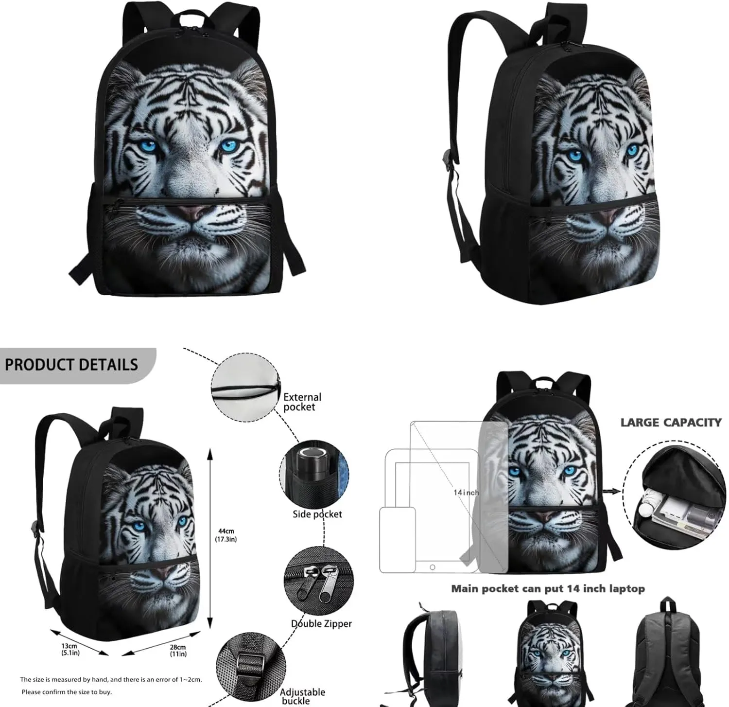 ZFRXIGN White Tiger with Blue Eyes Backpack for Boys School Backpack with Lunch Bags Pencil Case Cap Sleeve for Elementary School Middle School Bookbag Zipper Purse Black